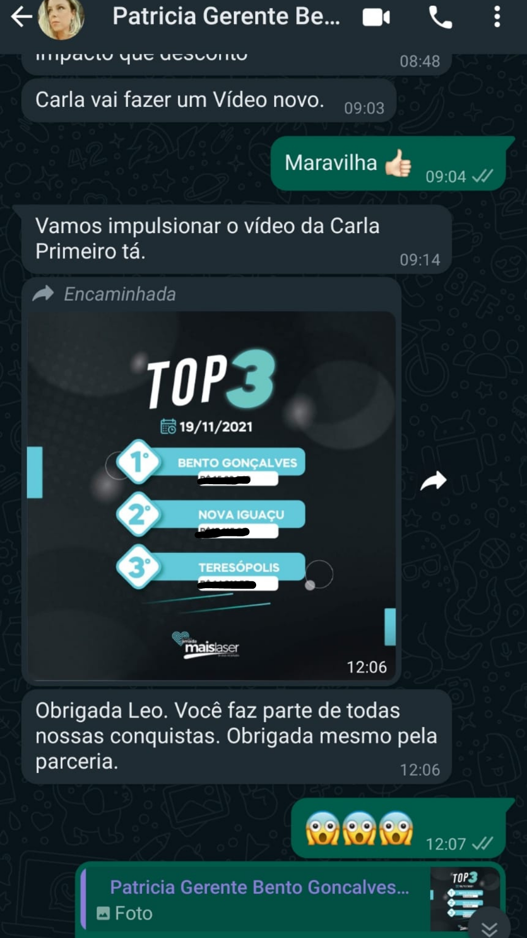 Conversa no WhatsApp com a gerente da MaisLaser Bento Gonçalves mostrando o ranking TOP 3 nacional da marca