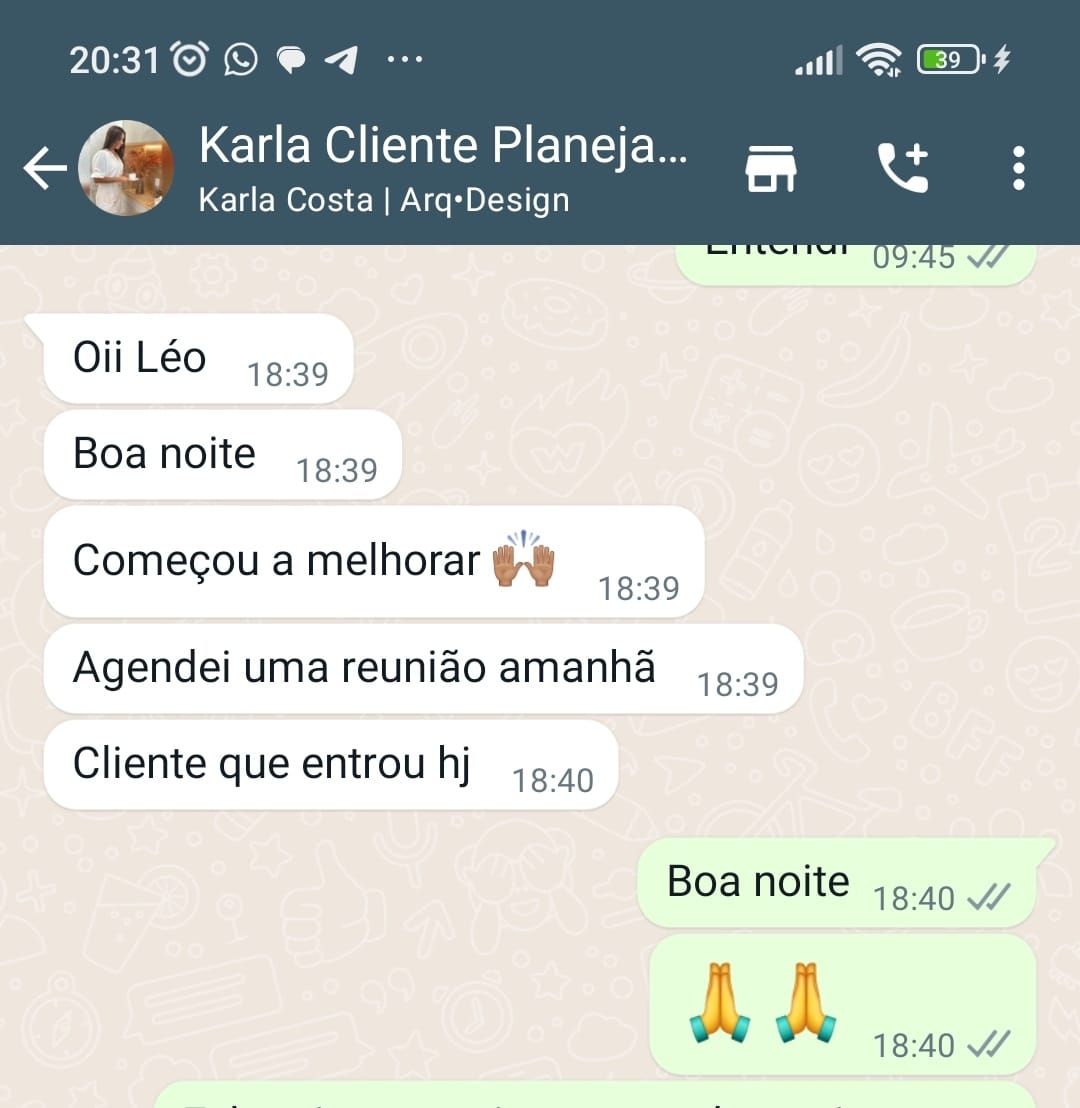 Karla Costa dizendo que começou a melhorar e agendou reunião